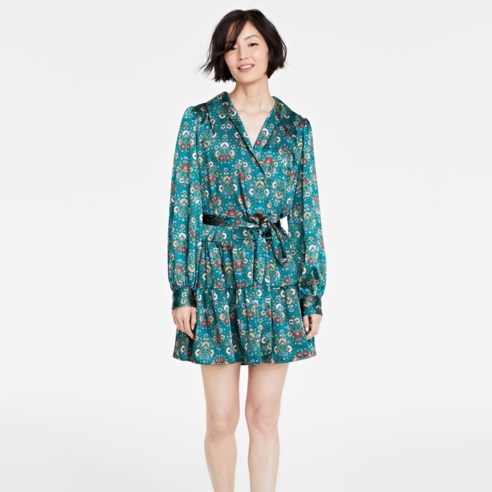 ON 34 TH Teal Floral Wrap Mini Dress with Tie Waist